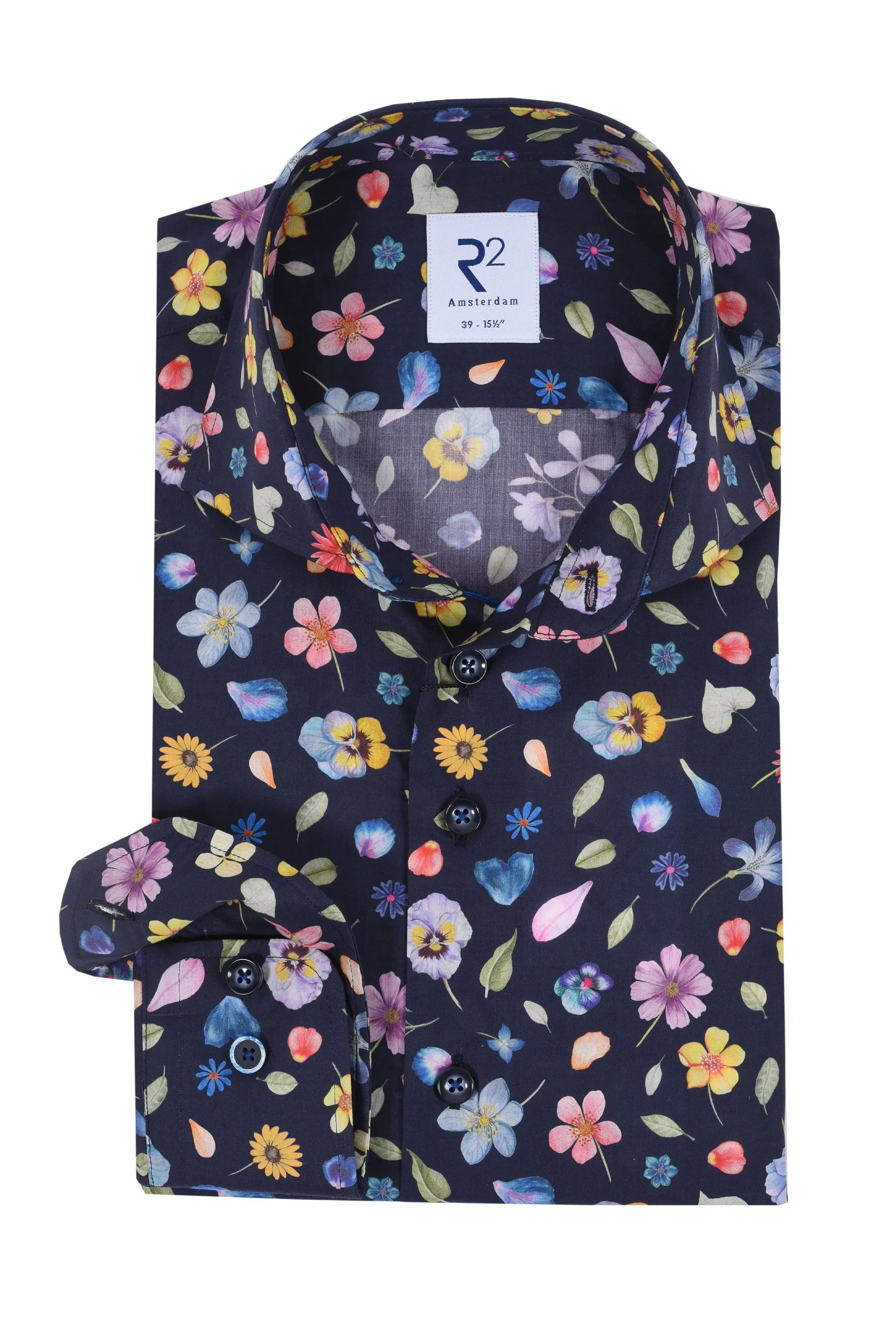 R2 LONG SLEEVED CUT AWAY COLLAR SHIRT NAVY FLORAL