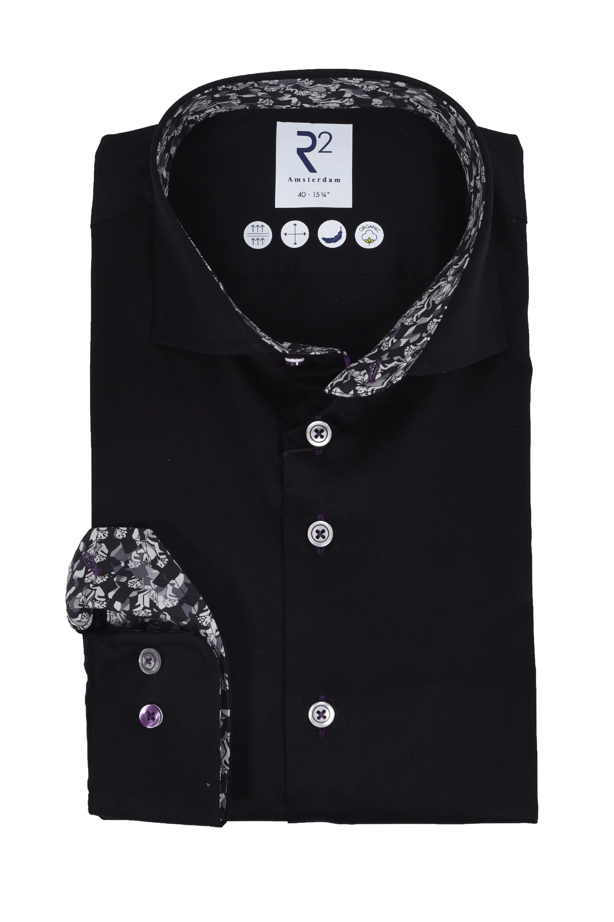 R2 Long Sleeved Cut Away Collar Shirt Black