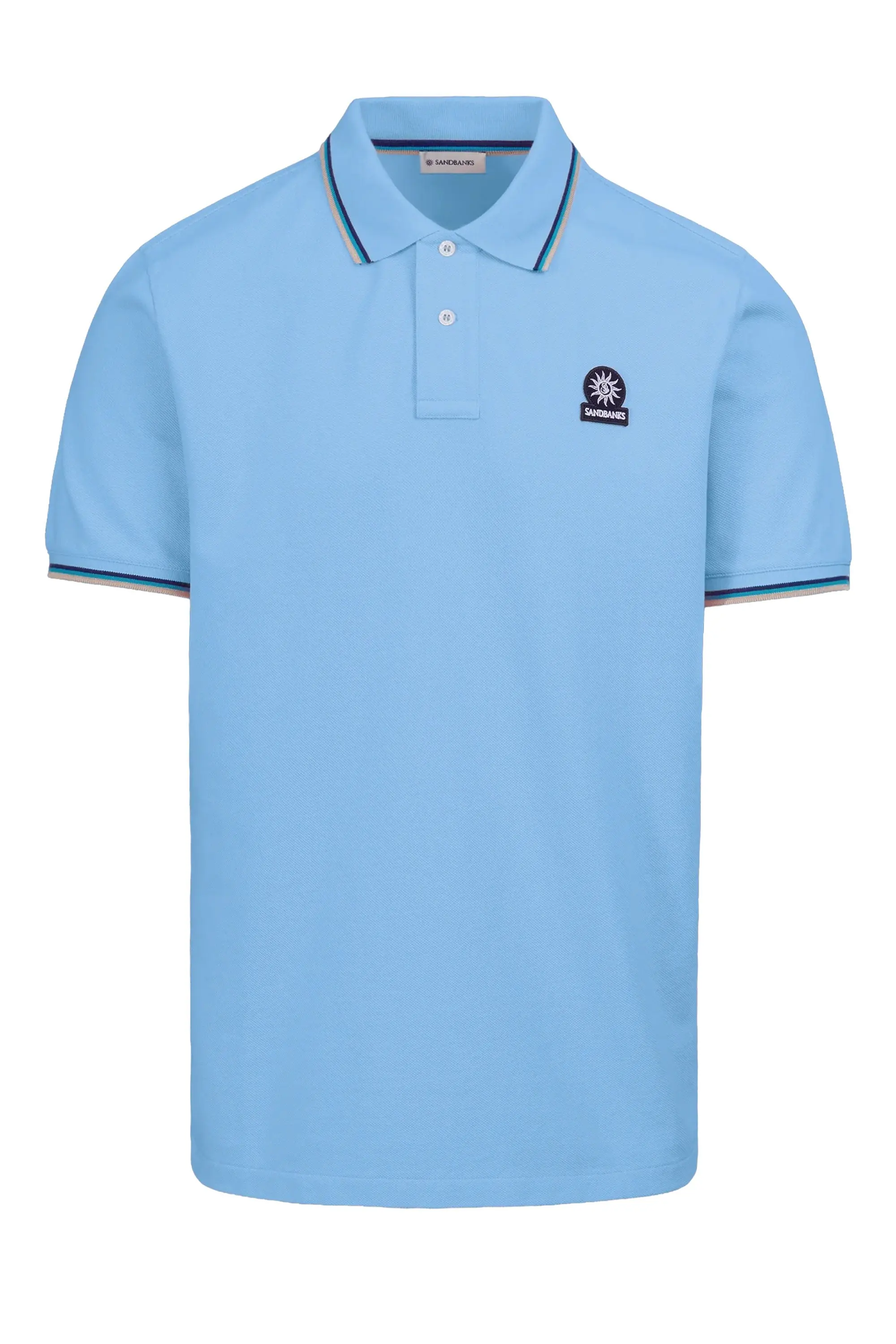 SANDBANKS BADGE LOGO TIPPED SLEEVE POLO SHIRT DUSTY BLUE